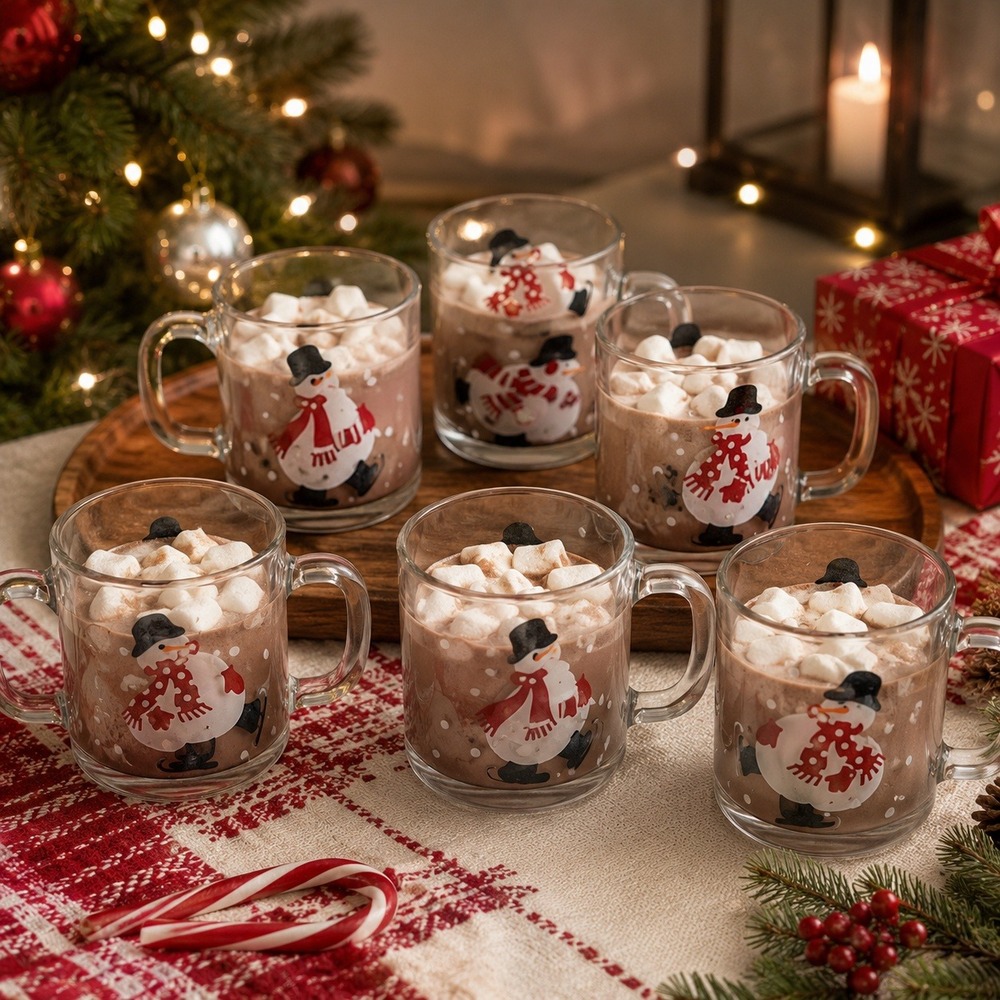 Crate & Barrel Luminarc Snowman Glass Mugs Set of 6 Christmas Holiday USA Clear